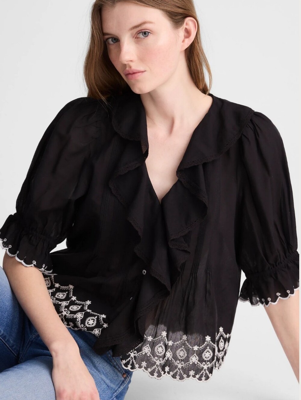 Madewell Black White Blaire Eyelet Ruffle Trim Top, Sz M